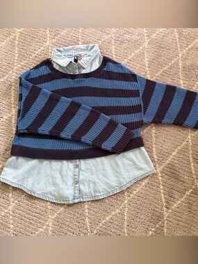 Pilcro Navy & Light Blue Striped Sweater with Attached Shirt